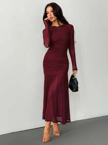 SHEIN PETITE 女士长袖圆领网眼连衣裙，适合秋季当季服装、返校服装、教师服装 - 酒紅色 - 查看 7