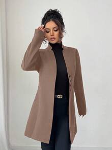 SHEIN Tall 女款休閒立領羊毛混紡修身長版夾克外套，女款長版大衣西裝外套裙，適合高個女性 - 摩卡棕 - 查看 5
