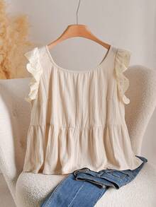 CosyJoli 大码女式拼接荷叶边系带时尚荷叶边上衣，春季女装，春季女式上衣 - 杏色 - 查看 2