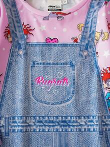Nick 90s | SHEIN Young Girl Cartoon Graphic Long Sleeve 2 In 1 Denim Effect Dress - Multicolor - View 7