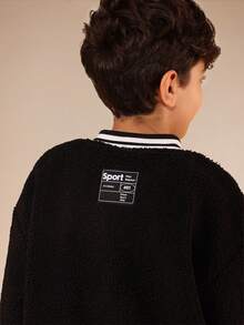 SUMWON Boys Textured Varsity Jacket With Letter Applique And Ribbed Trim - Black - View 6