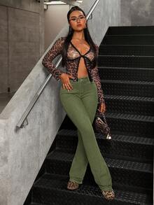 SHEIN Tall 高腰修身喇叭牛仔裤 - 軍綠色 - 查看 3