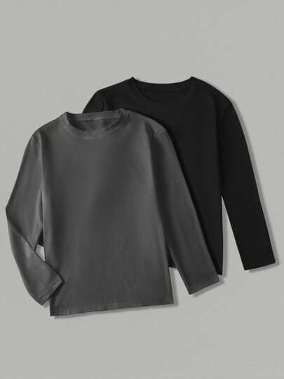 Vacaura 2pcs Boys' Casual Round Neck Long Sleeve T-Shirts, Black & White, Versatile Layering Or Standalone Wear, Spring/Autumn/Winter Fall