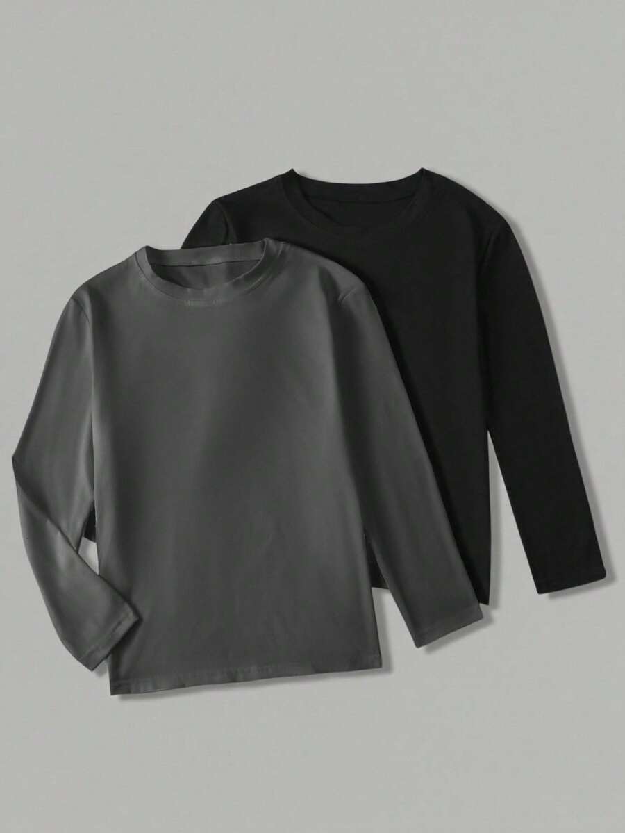 Vacaura 2pcs Boys' Casual Round Neck Long Sleeve T-Shirts, Black & White, Versatile Layering Or Standalone Wear, Spring/Autumn/Winter Fall - Grey - View 1
