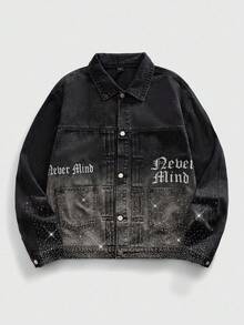 ROMWE MEN Men's Letter Print Long Sleeve Single-Breasted Rhinestone Denim Jacket, Casual Wear - Black - View 1
