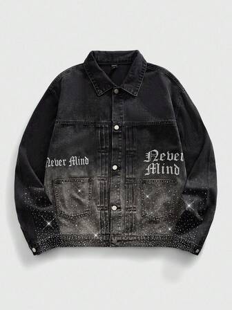 جاكيت جينز بأكمام طويلة وطبعة حرفية وأحجار راين، للاستخدام اليومي للرجال