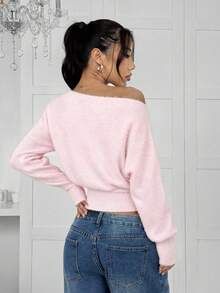 SHEIN EZwear 2025新款女士休闲柔软可爱浅粉色毛衣，纯色不对称领长袖套头衫，适合秋冬季、万圣节、圣诞节等场合穿着。 - 淺粉色 - 查看 2