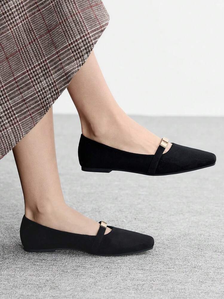 CUCCOO BIZCHIC Women's Square Toe Flat Black Suede Metal Buckle Mary Jane Flats, Lightweight Comfortable Slip-On Suitable For Dresses For Christmas Spring Shoes