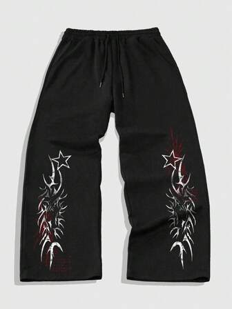 Street Life Pantalon de survêtement droit à taille cordonnée avec imprimé pentagramme pour hommes