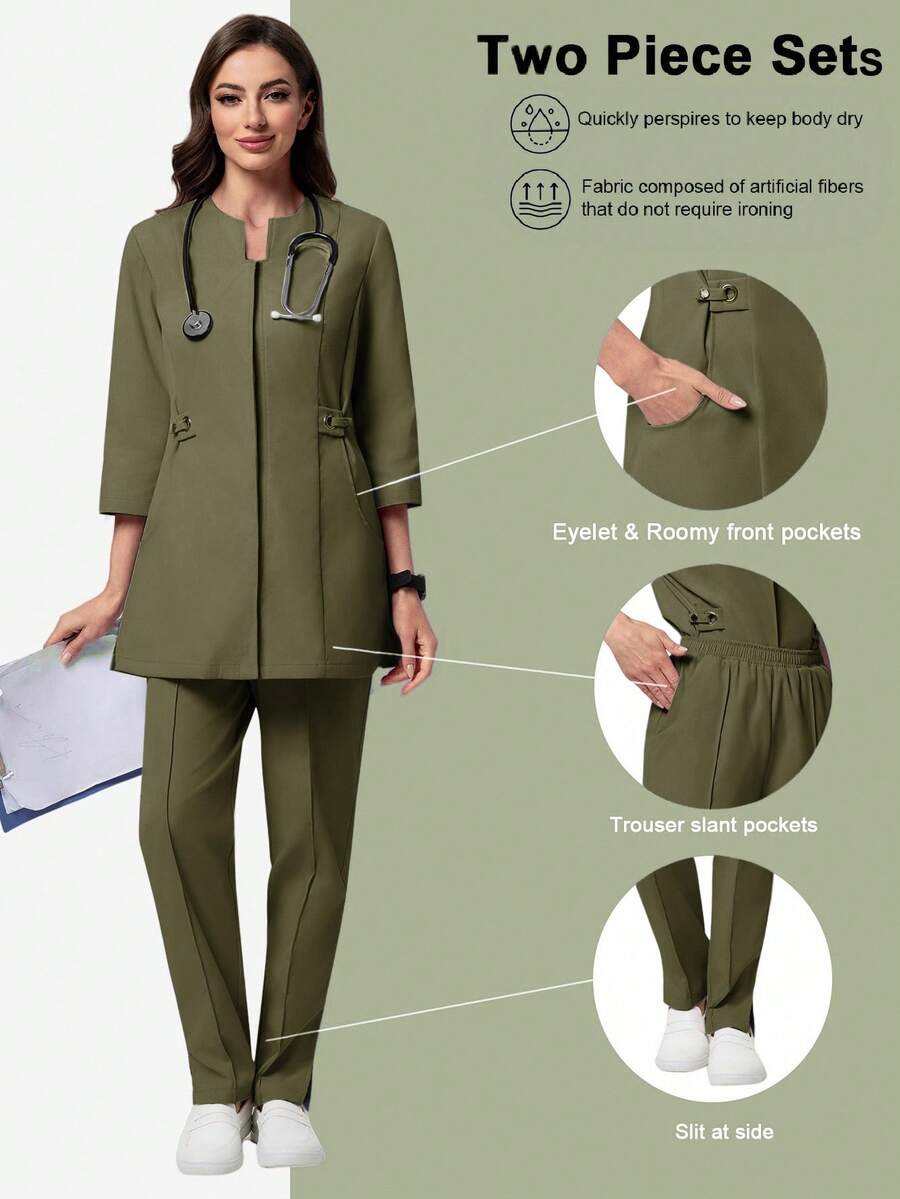 Scrubzie Bộ 2 áo sơ mi dài tay và quần dài cho nữ/Đồng phục y tá - xanh quân đội - Xem 1