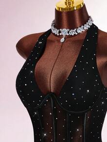Amplova Halter Neck Sleeveless Rhinestone Decor Cinched Waist Sheer Ruched Sexy Party Mini Dress Sexy Dress For Club Rhinestone Dress - Black - View 5