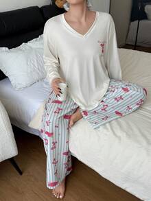 Dream Adore Plus Size Cherry Print V-Neck Long Sleeve Pajama Set Cherry Pajama Set Pajamas Set For Woman - Multicolor - View 5