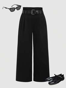 SHEIN 少女休闲直筒纯色裤 - 黑色 - 查看 1