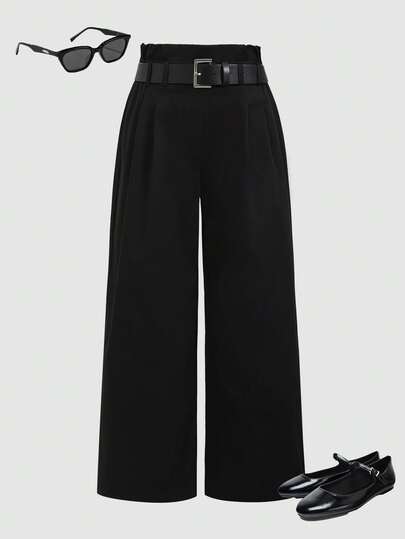 SHEIN Tween Girls' Casual Straight Leg Solid Color Pants رمضان