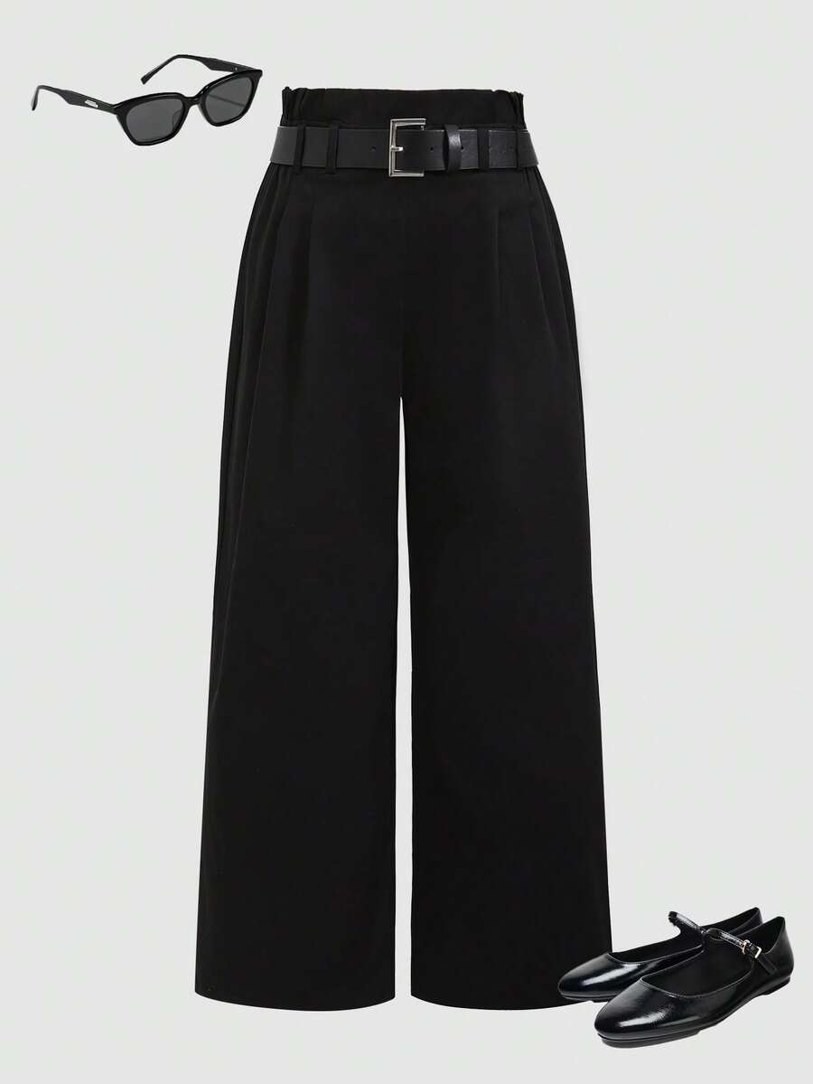 SHEIN 少女休闲直筒纯色裤 - 黑色 - 查看 1