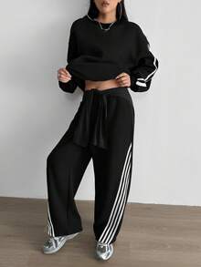 Aidyla 2pcs Set Contrast Color Striped Fleece Hoodie Sweatshirt, Fashionable Street Style - Black - View 4