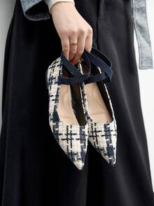 CUCCOO BIZCHIC 女士简约优雅尖头编织平底鞋，低粗跟，舒适交叉弹力带，百搭款式，宝石蓝