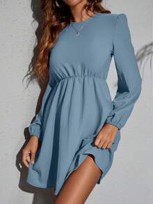 SHEIN Clasi 女士纯色圆领泡泡袖休闲中长连衣裙，适合音乐节穿着 - 霧霾藍 - 查看 3