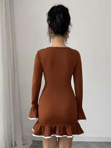 Selianne Elegantes romantisches Party- & Arbeits-Minikleid mit Rüschenärmeln und Farbblock für Frauen - Kaffeebraun - Übersicht 2