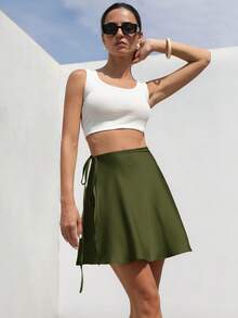 Aveloria Modichic Váy suông buộc dây cạp cao đơn giản, thanh lịch, tối giản, chất liệu satin trơn màu cổ điển kiểu Pháp mới dành cho nữ - xanh quân đội - Xem 5