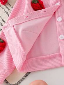 2pcs/Set Young Girls Spring/Autumn Pink Long Sleeve Cardigan With 3D Strawberry Knit Jacket And Black Knit Pants, Fashion Casual Sweet Toddler Daily Outfit - Pink - View 8