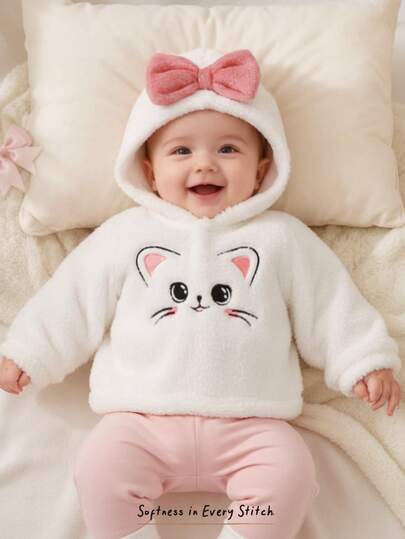Cozy Pixies Newborn Baby Girl Cartoon Cat Pattern Contrast Color Bow Hooded Long Sleeve Pullover Top