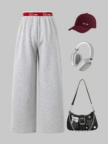 SHEIN ChillGRL 少女休闲宽松拼色字母图案直筒运动裤，适合外出、街拍和上学，适用于秋冬春季 - 灰色 - 查看 2