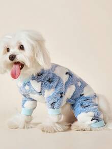 PETSIN 1pc White Star Printed Pet Jumpsuit, Blue And White Autumn And Winter Flannel Warm And Comfortable Pet Warm Clothes