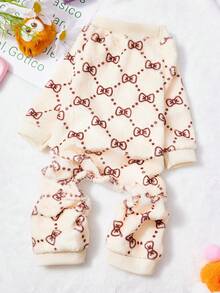 PETSIN 1 Piece Bow Polka Dot Printed Pet Jumpsuit Beige Autumn/Winter Flannel Warm And Comfortable Pet Warm Clothing - Multicolor - View 2