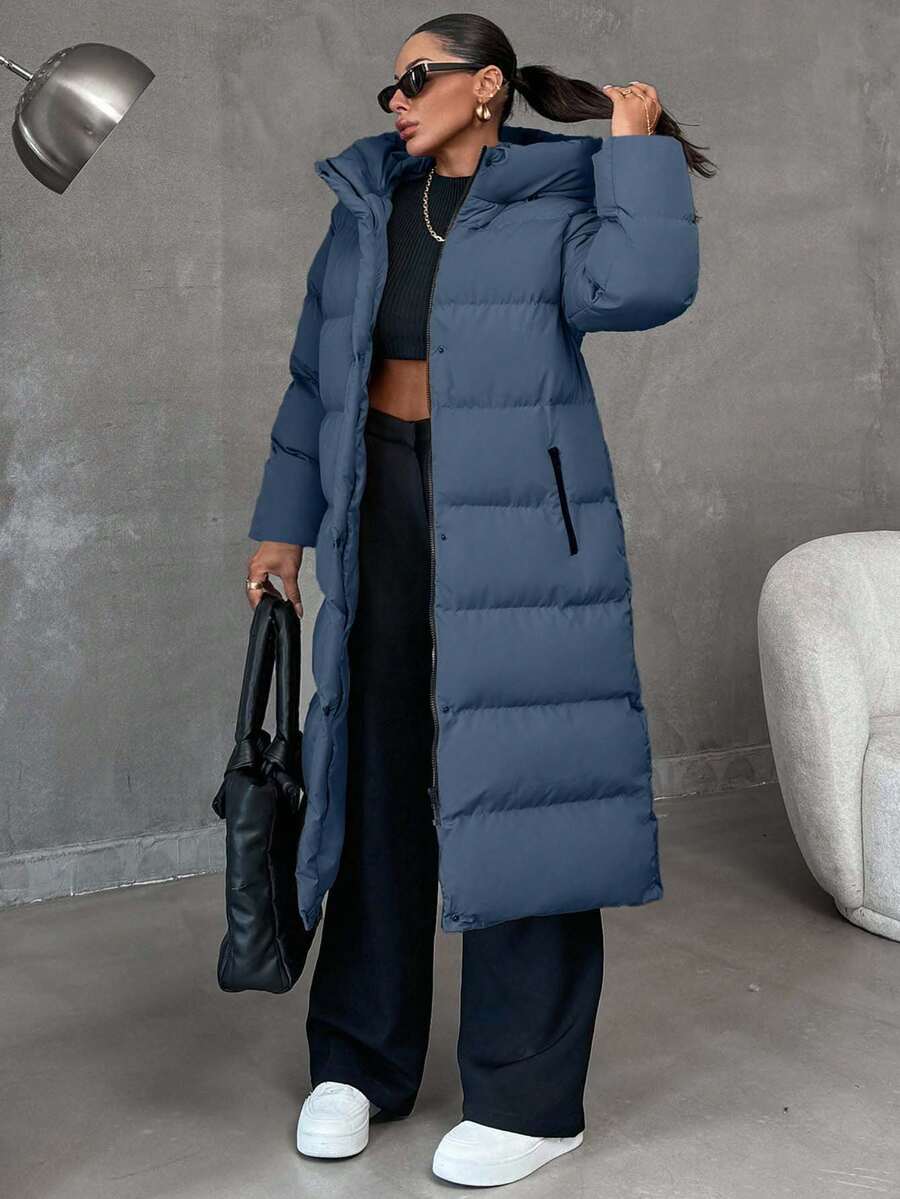 EURMUSE Zip Up Hooded Long Plus Size Winter Coat - Grey - View 1