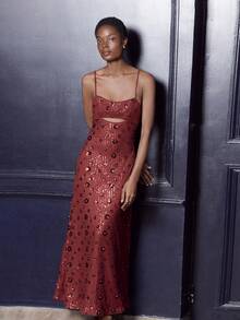 lacRébo Váy Maxi Sequin Đỏ Rượu Có Chi Tiết Khoét Phía Trước - Phong Cách Dạ Hội Và Tiệc Tùng - Màu Đỏ Sâu - Xem 4