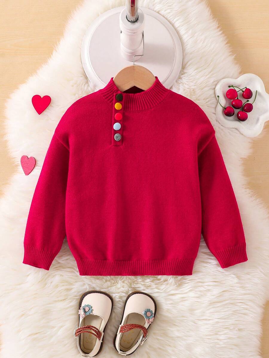 Sweater Lengan Raglan Kerah Tinggi untuk Anak Perempuan, Dekorasi Kancing Warna-warni Buatan Tangan, Gaya Sekolah Musim Gugur Merah, Pullover Serbaguna yang Lucu, Pakaian Natal Meriah - Burgundy - View 1