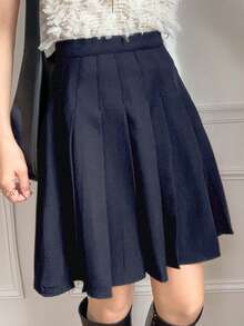 FRIFUL 女士黑色A字褶裥中长裙，学院风，夏季服装 - 藏蓝色 - 查看 4