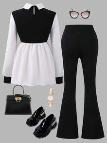 Teen Girl Black & White Spliced 2 In 1 Shirt + Black Slim Fit Slit Flare Pants