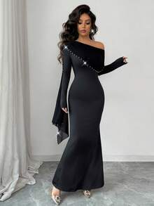 Rafferiza 这款女士露肩不规则网纱连衣裙饰有飘逸的珍珠装饰，紧身收腰，尽显曼妙身姿。它是一款优雅的派对礼服，也是一款时尚优雅的黑色紧身连衣裙，适合日常穿着、婚礼、宴会、通勤、毕业派对、节日庆典、度假、约会、聚会、万圣节、圣诞节、新年和感恩节等场合。 - 黑色 - 查看 8