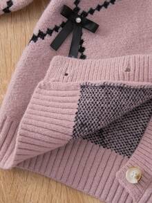 SHEIN 2pcs Set: Bowknot Pearl Embellished Drop Shoulder Sweater & Solid Black Wide Leg Pants, Princess Seam, Suitable For Daily Wear, Back To School, Casual Occasions, Autumn/Winter Girls Sweater Sets Girls Winter Outfit Sets Girl Knit Set Kids Two Piece Sets Twenn Girl Clothes Set Girls Knit Set - Purple - View 7