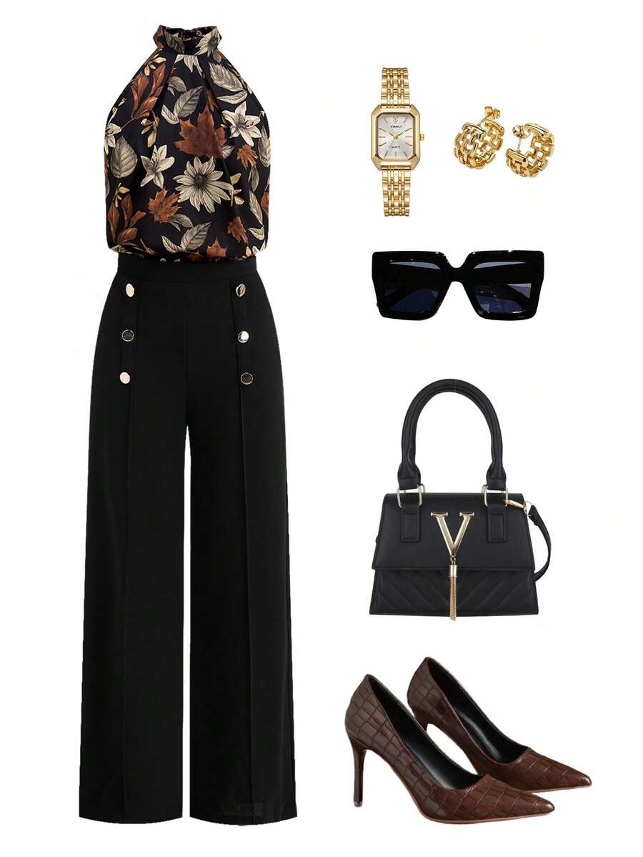 Ellevyn Set 2 buc. bluză și pantaloni fără mâneci cu imprimeu floral pentru femei