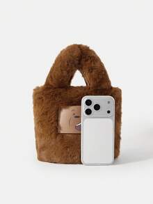 We Bare Bears X SHEIN Ladies Women Top Handle Bags,Crossboby Bags, Cute Cartoon Bear Pattern Faux Fur Plush Bag,Fashionable, Personalized, Simple, Versatile, Hot Girls, Y2k, Autumn And Winter - Brown - View 8