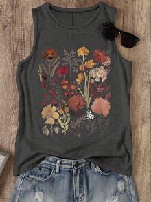 EMERY ROSE 大码女式花卉印花圆领休闲背心，夏季 - 深灰色 - 查看 1