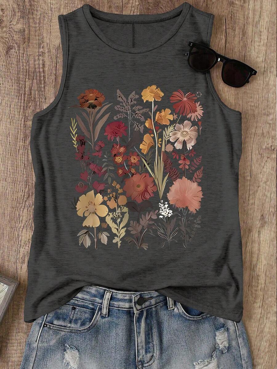 EMERY ROSE 大码女式花卉印花圆领休闲背心，夏季 - 深灰色 - 查看 1