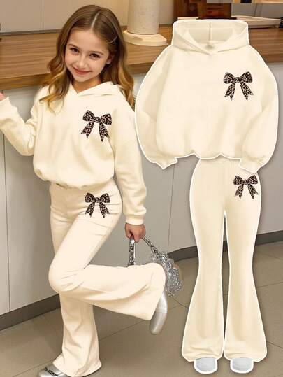 SHEIN Leap Crew Vintage Chic Leopard Bow Print Cream White Tween Girls Hooded Sweatshirt And Flare Pants Casual 2 Pieces Set