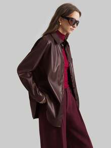 Ontre Women's Solid Color Long Sleeve PU Leather Single-Breasted Casual Shirt Coat, Long Sleeve Coat, Urban Commute Business Casual, Elegant Attire For Office, Thanksgiving, Christmas, New Year, Wedding Guest - Brown - View 9