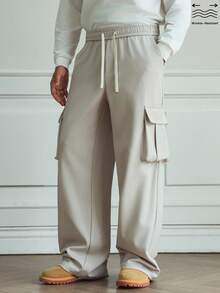 HUEFORM Pantalon cargo décontracté pour hommes, couleur unie, taille élastique avec cordon de serrage, pantalon cargo surdimensionné polyvalent pour hommes, pantalon de survêtement cargo pour hommes - Kaki - Voir 1