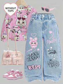SHEIN ChillGRL Fashionable Young Girls Light Wash Denim Jeans With Playful Rabbit Heart And Letter Prints Straight Leg Long Pants Kids Fashion