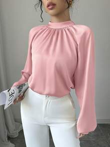 SHEIN Clasi 休闲优雅立领插肩袖宽松缎面衬衫 - 粉色 - 查看 5