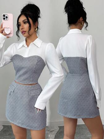 Rafferiza Ny elegant midja - åtsittande långärmad topp med lapptäcke och åtsittande midikjol i två delar