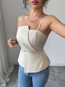 Elenzga Áo hai dây nữ thanh lịch, xếp ly không đối xứng, eo nhún, màu trơn, hợp thời trang cho thường ngày, tiệc tùng và tụ tập - Màu be - Xem 5