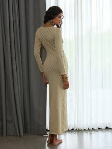 Opulessa Women's Hollow-Out Knit Dress,Cream White,Autumn,Chic,Elegant,Night Out Luxury Wedding Guest Party Dress,Fashionable Solid Color Christmas Outfit - Gold - View 2