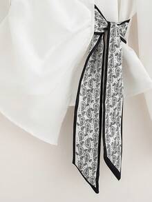 Franclia 女士休闲法式白色高腰衬衫，新款独特小众华丽丝巾装饰长袖上衣，秋季款 - 白色 - 查看 5