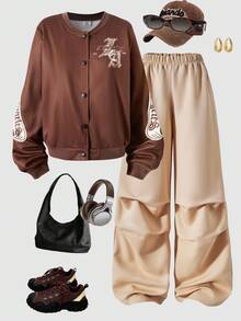 SHEIN Explorewe Conjunto de 2 peças outono/inverno para meninas adolescentes ME jaqueta solta casual retrô com estampa gráfica e calças largas plissadas, adequado para uso diário, deslocamento, casual, férias, passeios, estilo de rua - Caqui - Ver 7